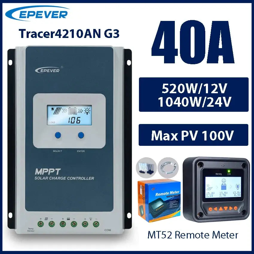EPEVER Tracer4210AN G3 solar charge controller with remote meter on a white background