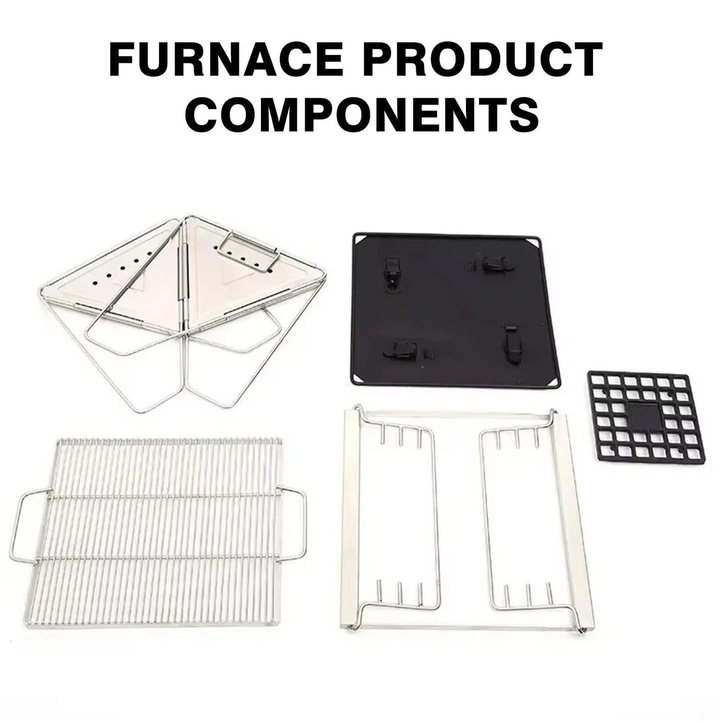 firepit product components including a metal grate, black plate, and other parts on a white background.