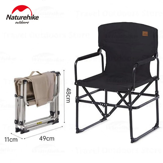 Black folding chair with dimensions and Naturehike logo on a white background