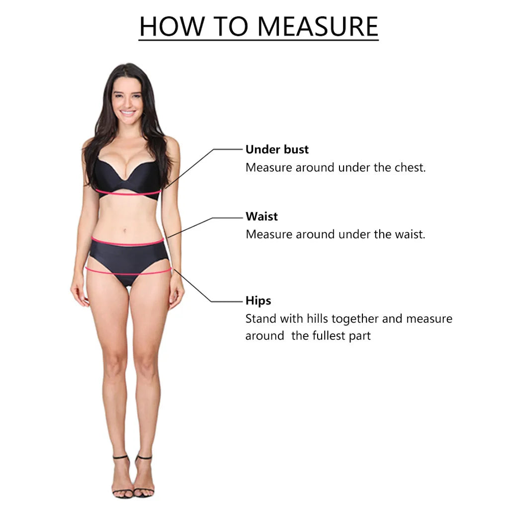 Woman wearing a black bikini with measurement instructions on a white background
