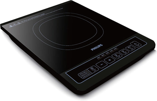 Black induction cooktop with Philips branding on a white background