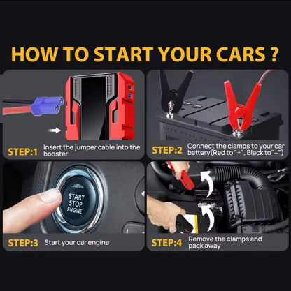 Step-by-step guide on how to start a car using a booster, with illustrations and text.