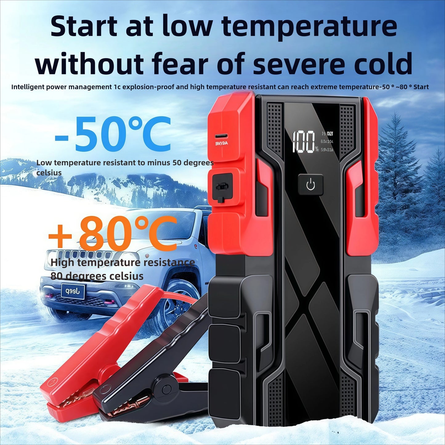 Car jump starter with cold temperature resistance feature in a snowy landscape