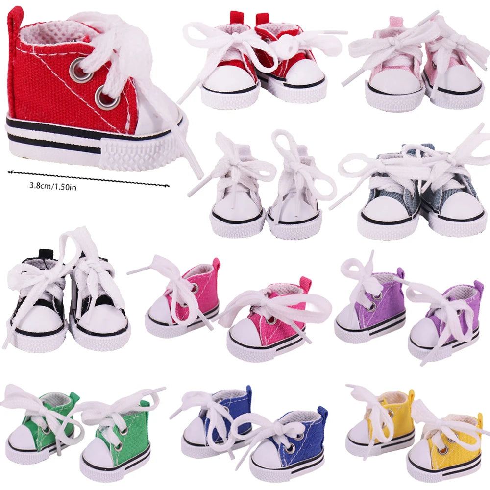 Collection of  miniature sneakers in various colors on a white background to suit labubu