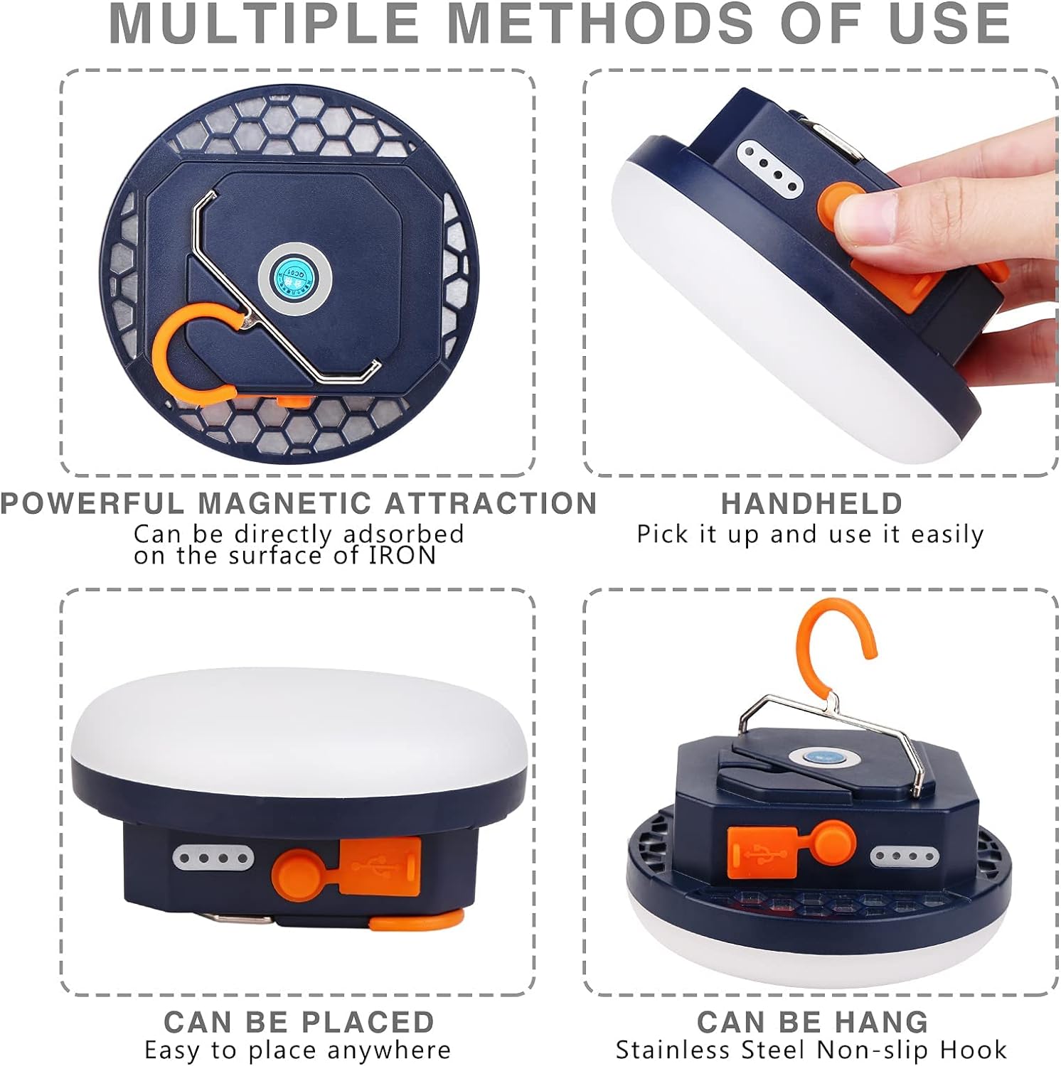 Product with multiple methods of use including magnetic attraction, handheld, placement, and hanging.