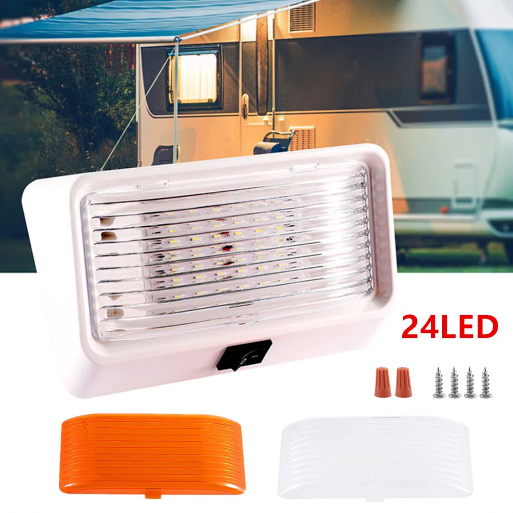 LED light fixture with filters and mounting hardware on a white background, with an RV in the background.