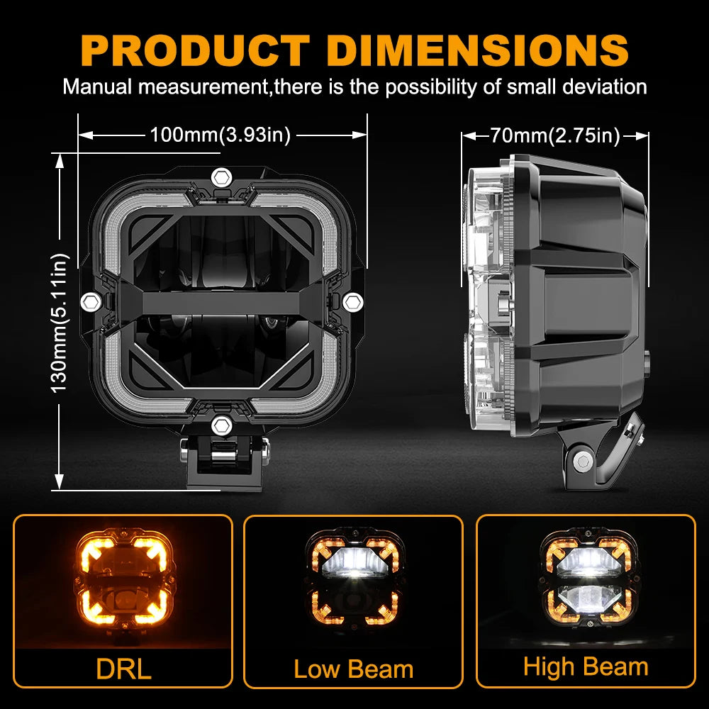 Product dimensions and light modes of a vehicle light system on a black background