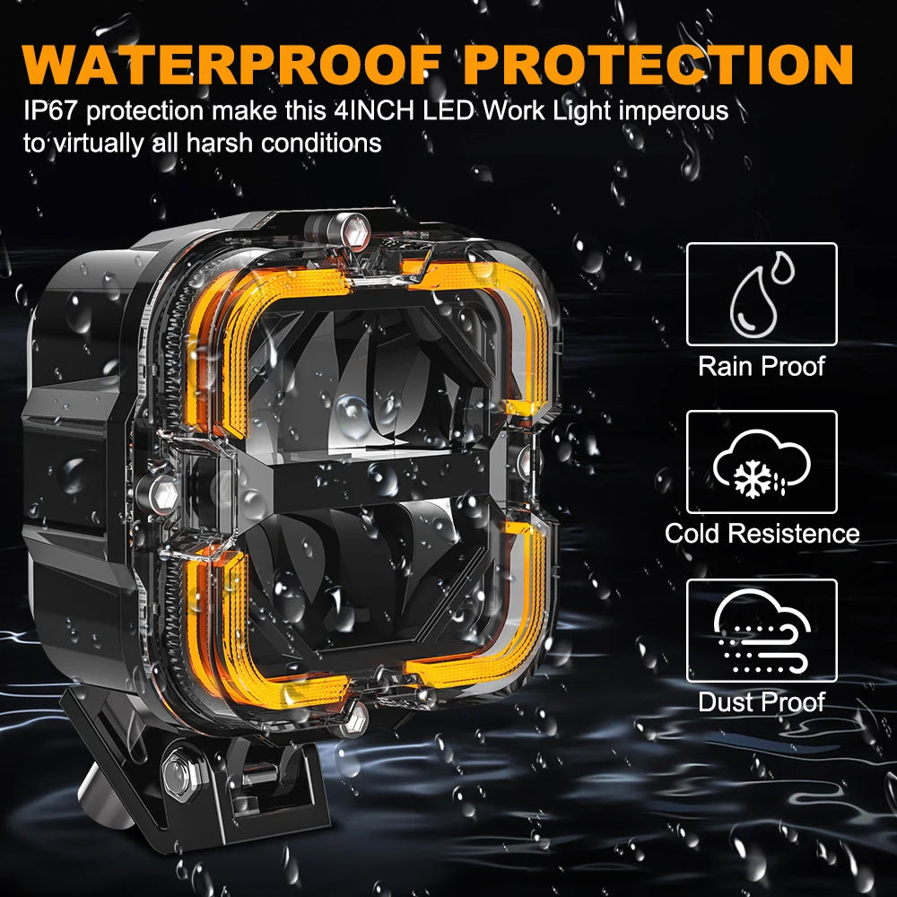 4-inch LED work light with waterproof protection features on a dark background