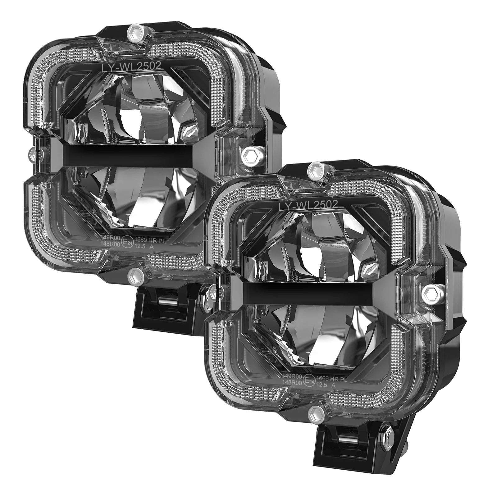 Three black fog lights with clear covers on a white background