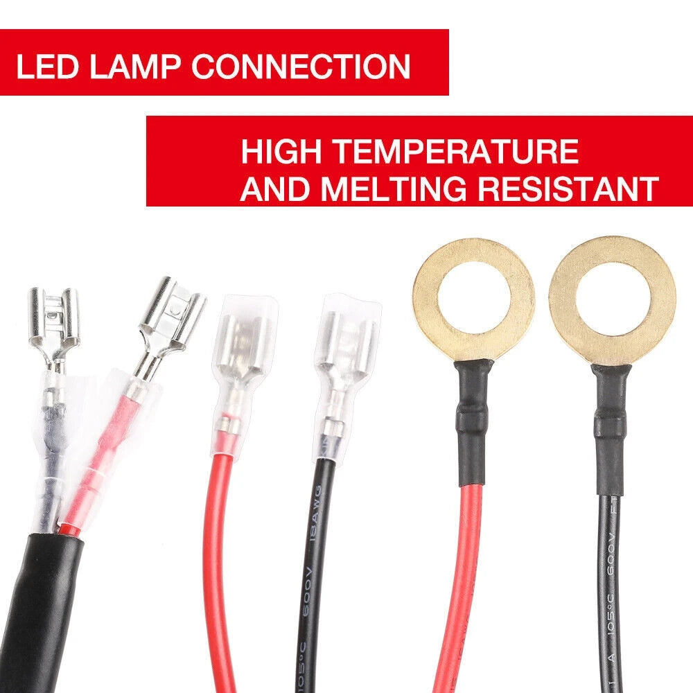 Wiring connectors with text about LED lamp connection and high temperature resistance on a white background.