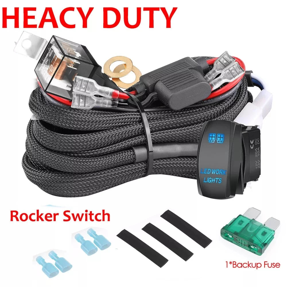Heavy-duty wiring harness kit with rocker switch, fuse, and related components on a white background.