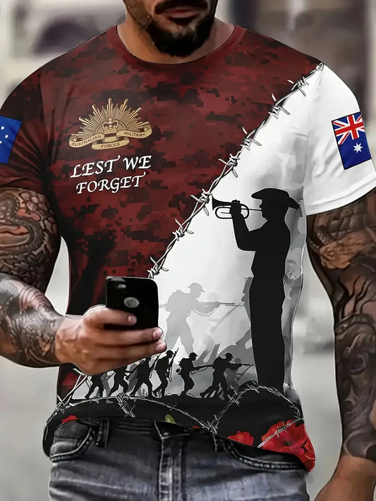 Men's Australian Anzac 3D Print T-Shirt with military-inspired graphics and breathable fabric.