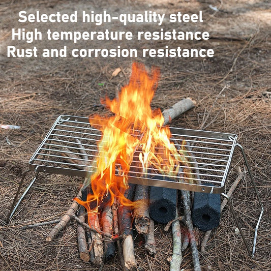 Metal grill over a campfire with text about steel properties