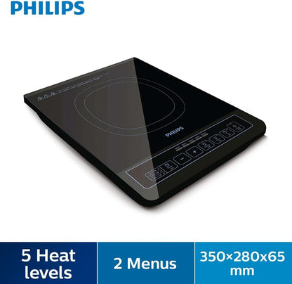 Philips induction cooktop with specifications on a white background