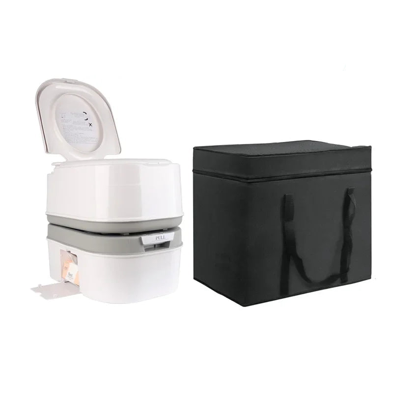 White portable toilet with black carrying bag on a white background