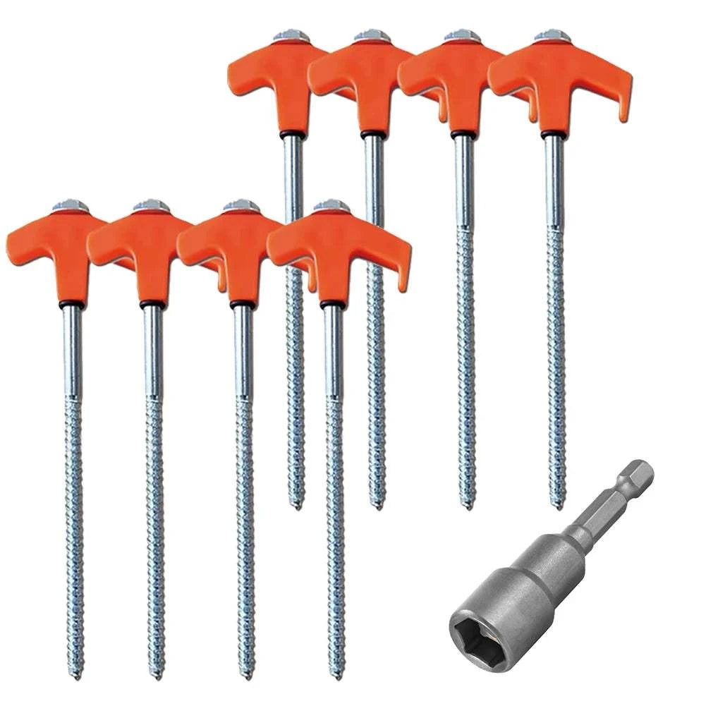 Set of screws with orange handles and a drill bit on a white background