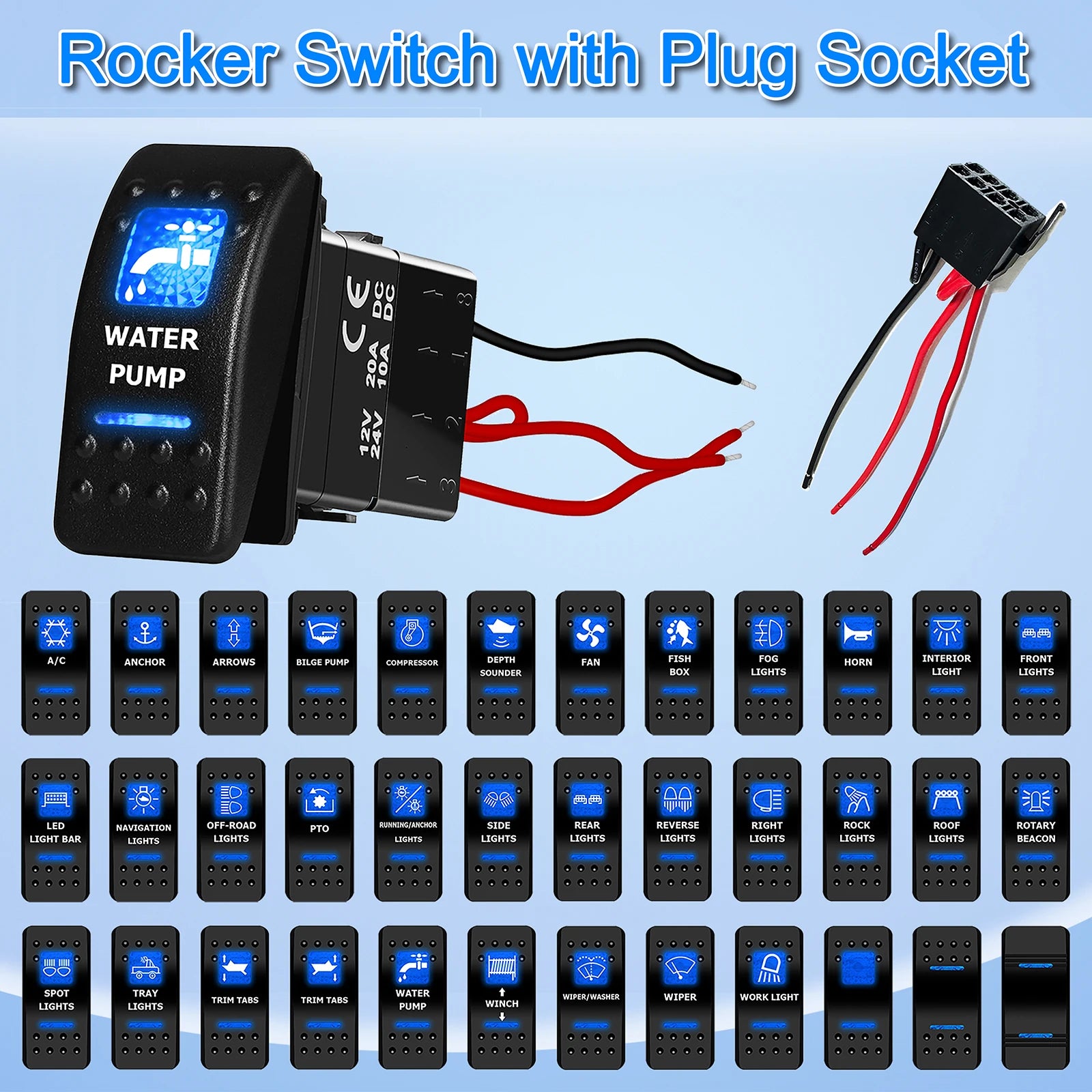 Rocker switch with plug socket and various labeled switches on a blue background