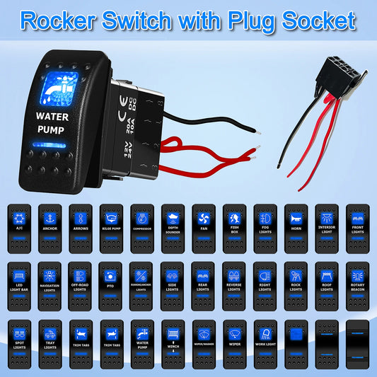 Rocker switch with plug socket and various labeled switches on a blue background