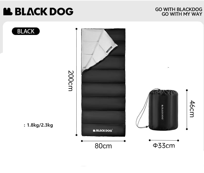 Black Dog sleeping bag packaging with dimensions and features.