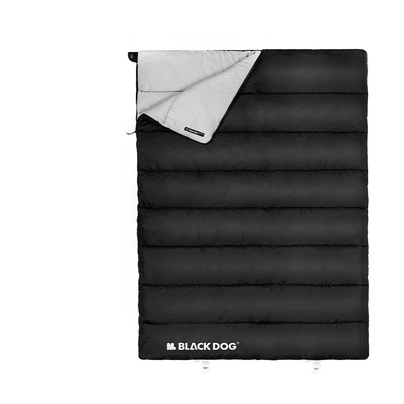 Black sleeping bag with white interior on a white background, featuring the Black Dog brand.