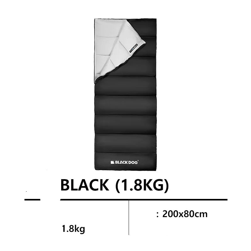 Black sleeping bag with white interior on a white background, featuring the Black Dog brand.