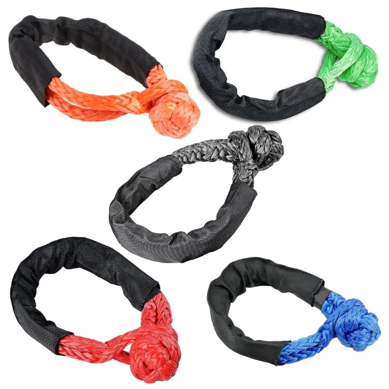 Set of five black rope slings with colorful ropes on a white background