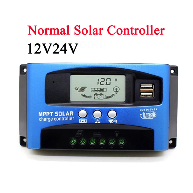 Blue solar controller with digital display on a white background
