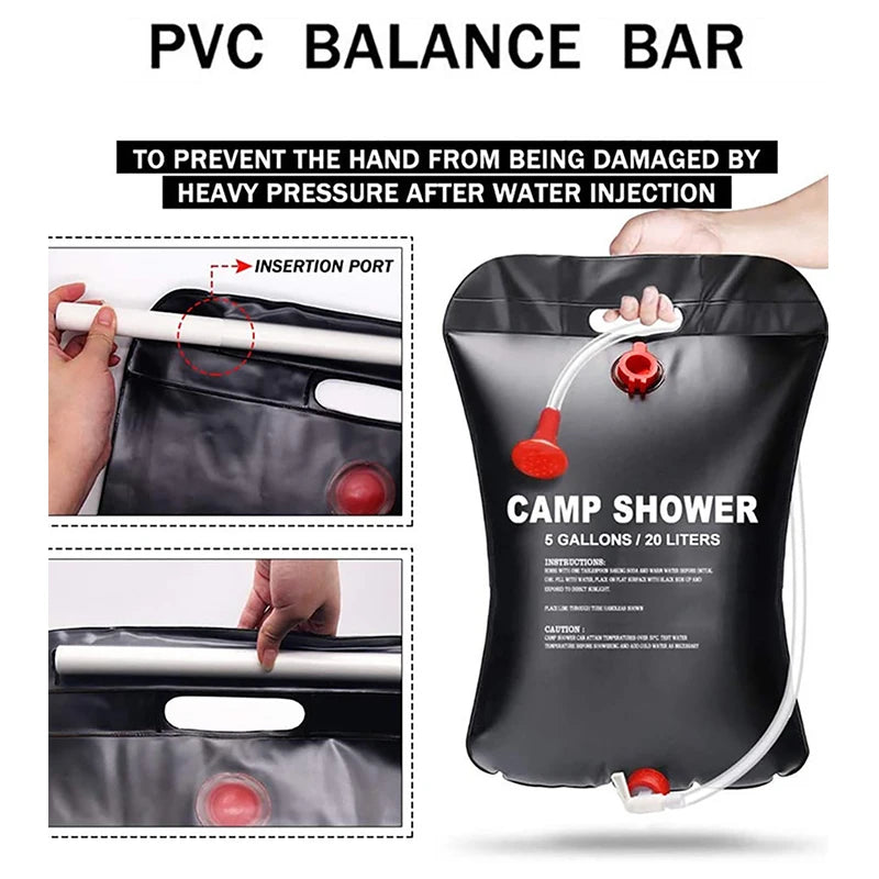 Camp shower with PVC balance bar for preventing hand damage after water injection