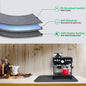 Gray mat with features highlighted on a kitchen counter with an espresso machine.