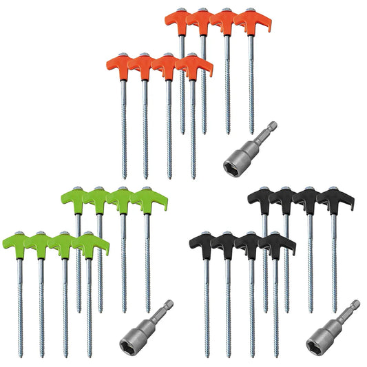Heavy duty spiral pegs with hex socket stakes for secure tent anchoring.