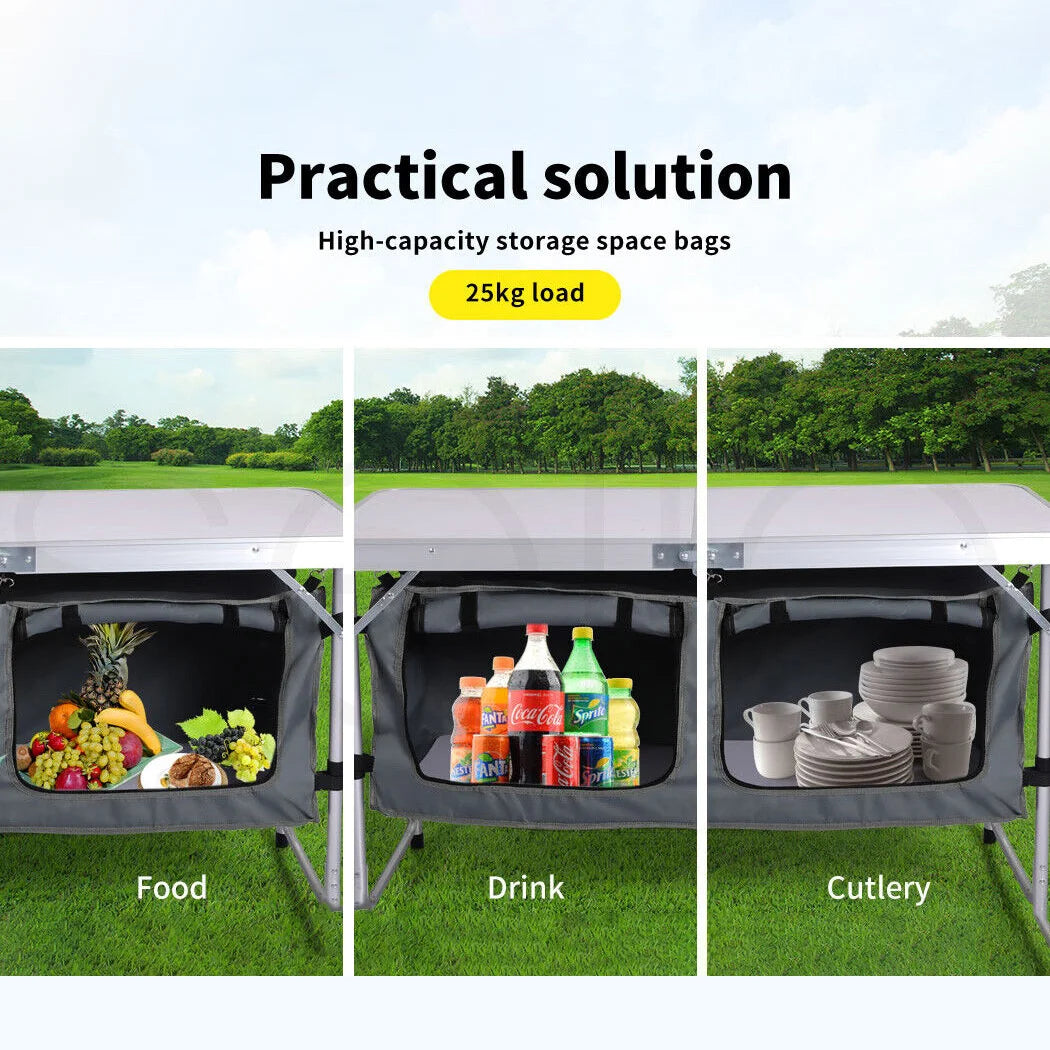 Storage space bags with compartments for food, drink, and cutlery outdoors.