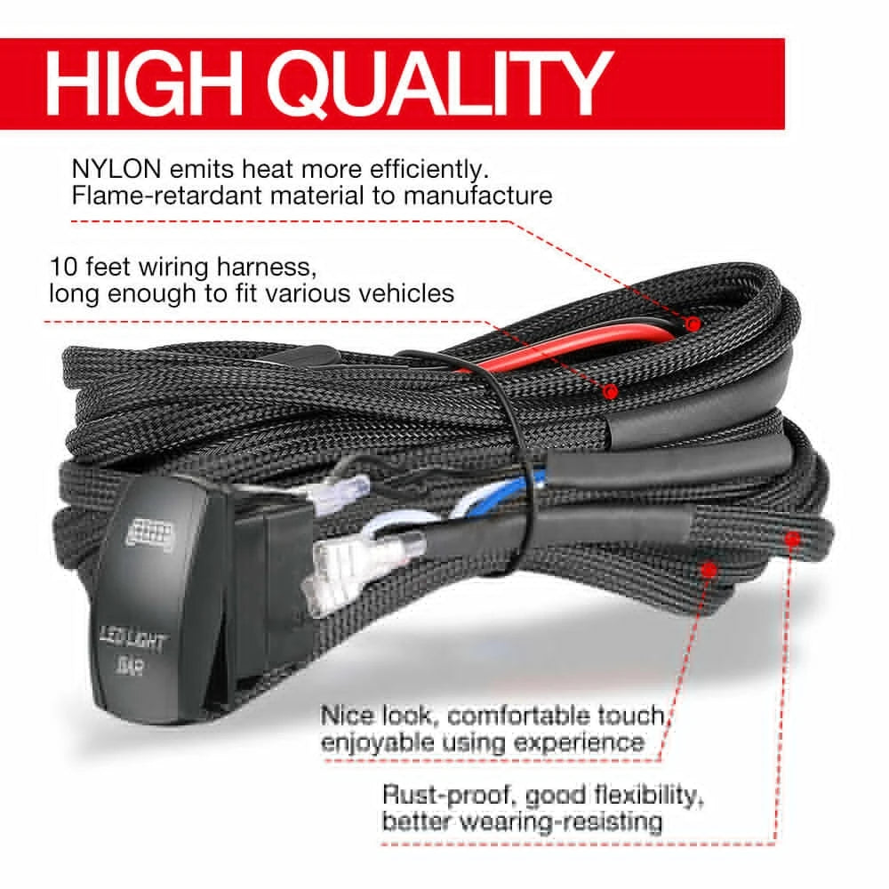 Wiring harness with LED light bar switch on a white background, featuring text about its quality and features.