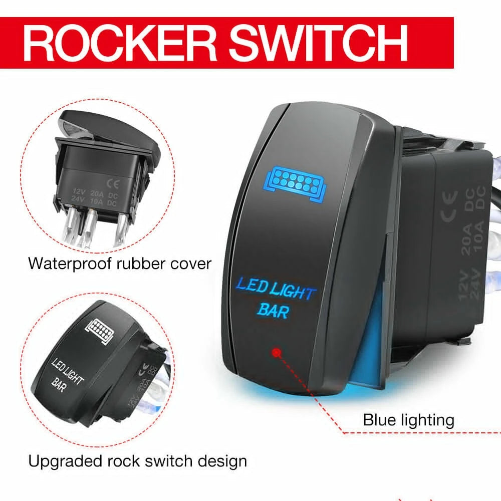 Rocker switch with blue LED lighting, waterproof rubber cover, and upgraded design on a white background.