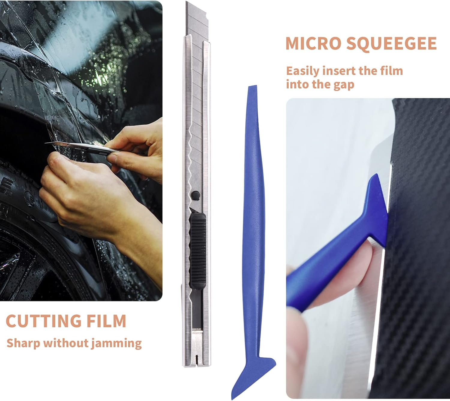 Car window film installation tool with cutting film and micro squeegee on a white background