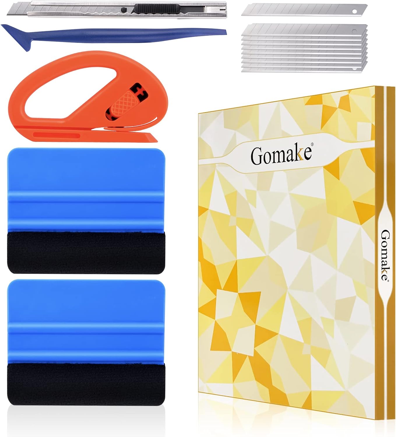 Packaging of Gomake car wrap tools including a scraper, cutters, and a box with geometric design.